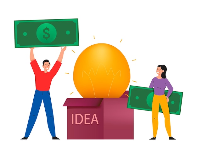 Composición de crowdfunding con ilustración plana de lámpara dentro de caja de ideas y personas con billetes