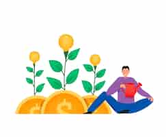 Vector gratuito composición de crowdfunding con ilustración plana de plantas que crecen en monedas y hombre con regadera
