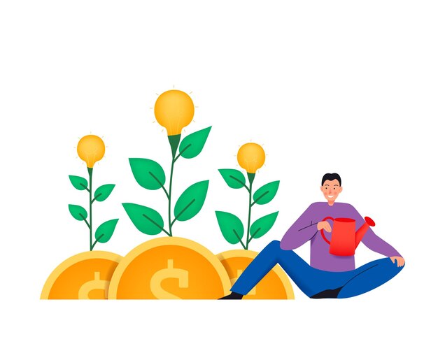 Composición de crowdfunding con ilustración plana de plantas que crecen en monedas y hombre con regadera