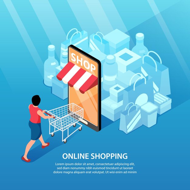 Composición cuadrada de ilustración de compras en línea isométrica con teléfono inteligente como puerta