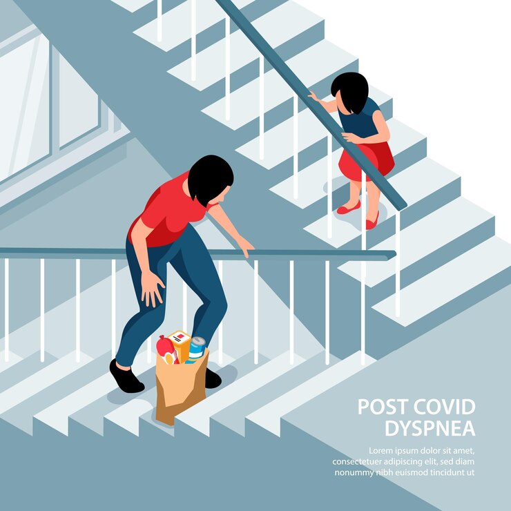 Vector gratuito composición cuadrada isométrica del síndrome post covid con paisaje de escalera y mujer enferma que camina con ilustración de vector de texto editable