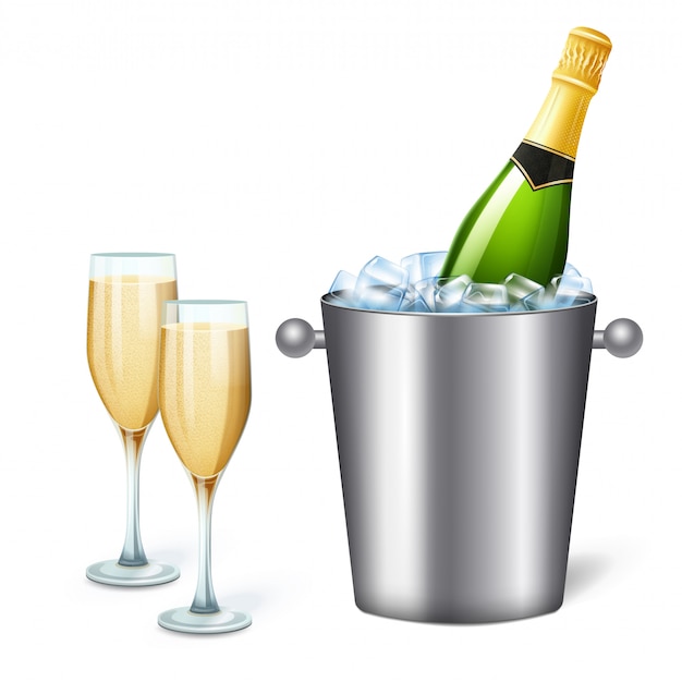 Composición de cubo de champán realista coloreado con champán frío y dos vasos llenos ilustración