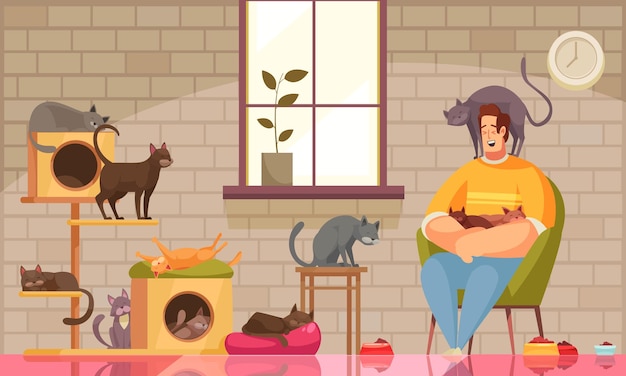 Vector gratuito composición de cuidador de mascotas con pared de paisaje de sala de estar con ventana y gatos con carácter humano sentado