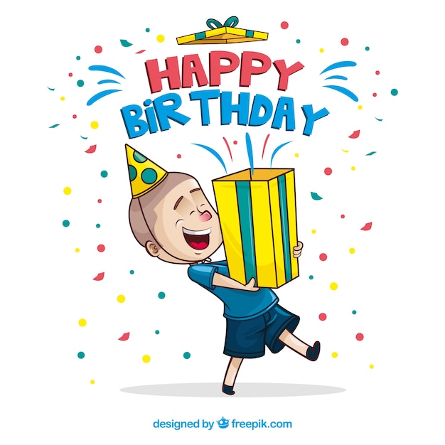 Composición de cumpleaños con niño dibujado a mano