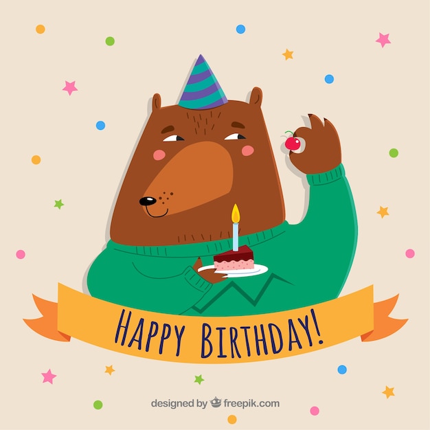 Composición de cumpleaños con oso dibujado a mano