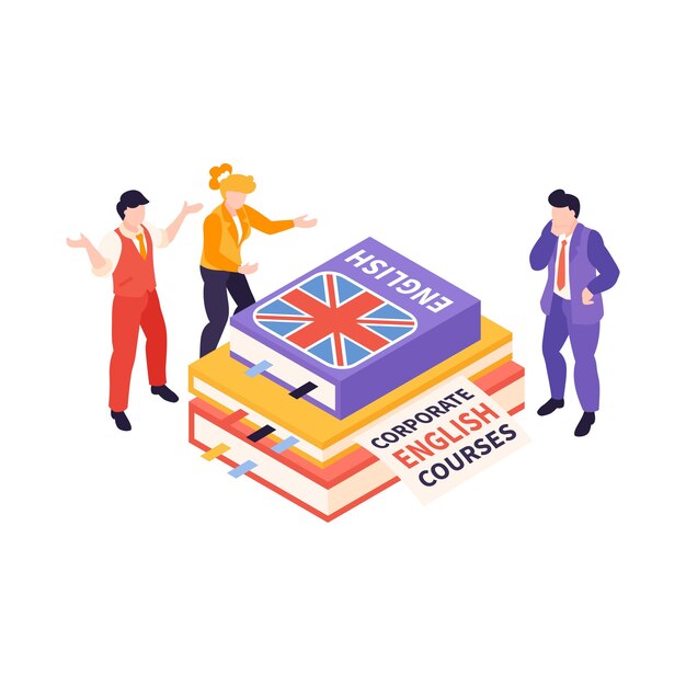 Composición de cursos de centro de idiomas isométrica con un montón de libros de inglés rodeados de personas ilustración