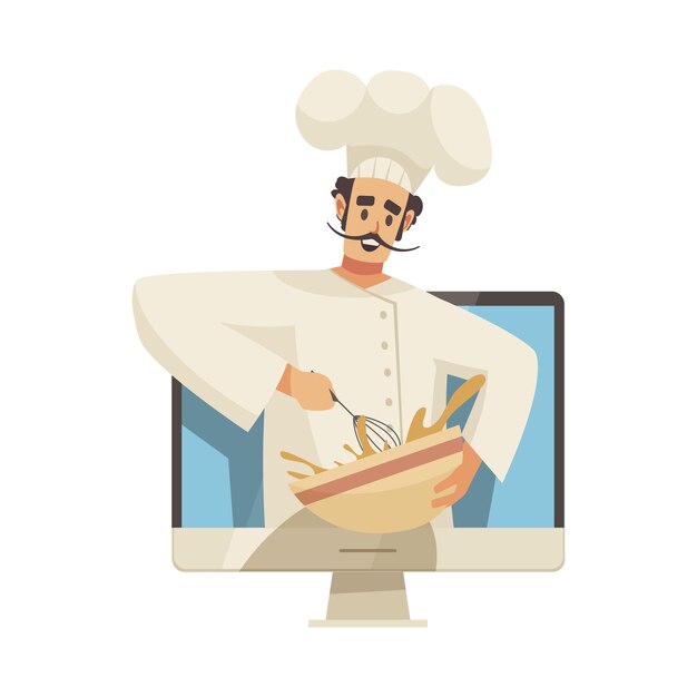 Composición de los cursos de la escuela de cocina con el carácter del cocinero que se inclina hacia fuera de la ilustración del vector de la pantalla de la computadora