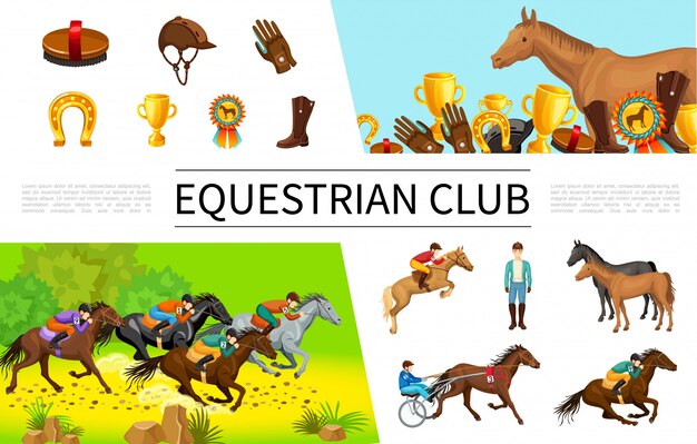 Composición de deporte ecuestre de dibujos animados con jinetes que montan a caballo y en carro, cepillo, tapa, guante, copa, medalla, bota, herradura