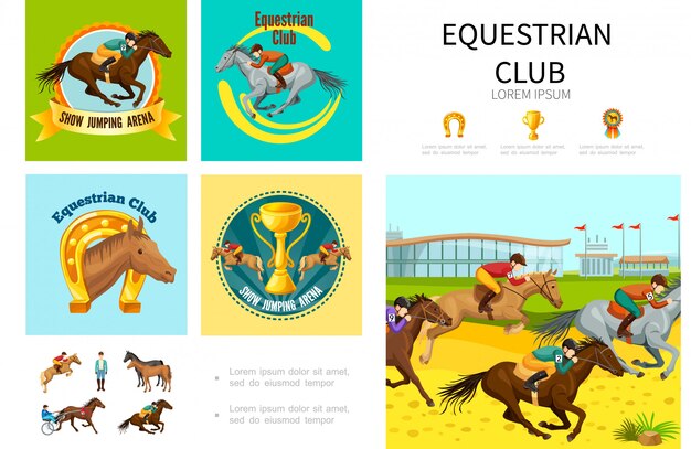 Composición de deporte ecuestre de dibujos animados con salto corriendo y entrenando caballos con medalla de copa de herradura de jinetes