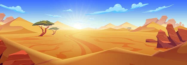 Composición del desierto con paisaje horizontal de tierra baldía con arenas de rocas de montaña y cielo con ilustración de vector de sol naciente