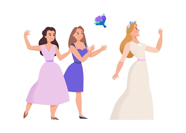 Vector gratuito composición del día de la boda de la ceremonia de matrimonio con la novia lanzando un ramo de flores a los amigos ilustración vectorial