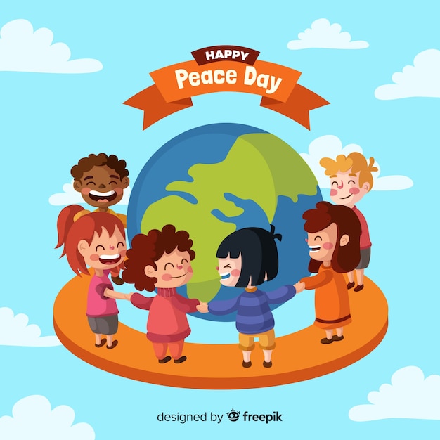 Vector gratuito composición del día de la paz con niños de la mano alrededor del mundo