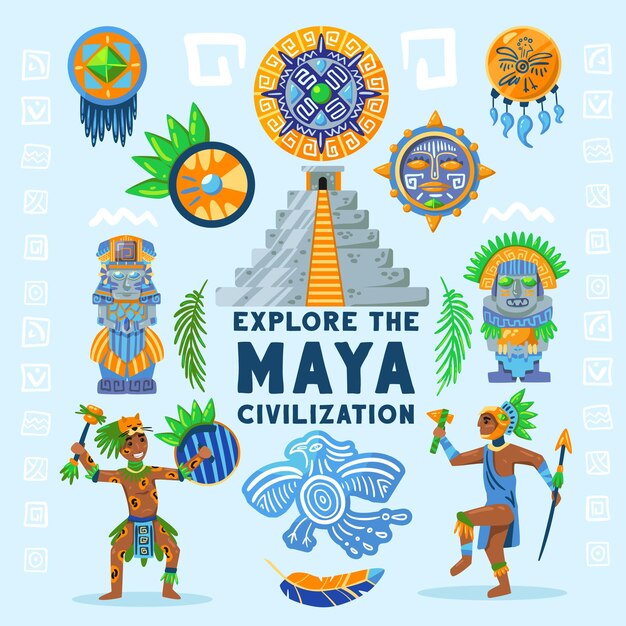 Composición de diagrama de flujo de la civilización maya con texto rodeado de jeroglíficos de personajes de ídolos antiguos e ilustración de joyería tradicional