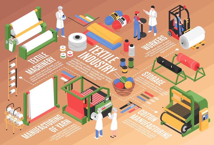 Vector gratuito composición de diagrama de flujo horizontal de fábrica textil isométrica con unidades de almacenamiento de plantas de algodón y caracteres de trabajadores