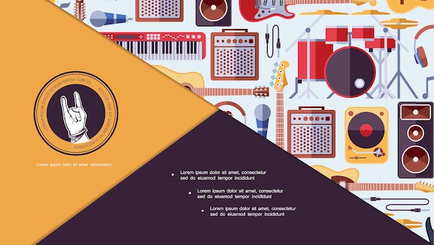 Composición de diapositivas colorida de instrumentos musicales planos