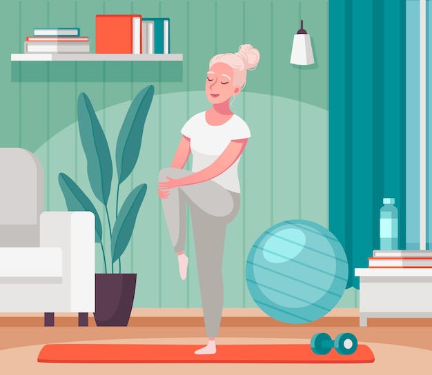 Composición de dibujos animados de actividades domésticas de personas mayores mayores con anciana estirando las piernas en la ilustración de la estera de fitness