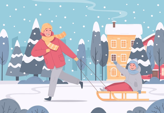 Composición de dibujos animados de actividades de ocio de deportes de invierno con paisaje al aire libre y padre corriendo con niño en trineo ilustración