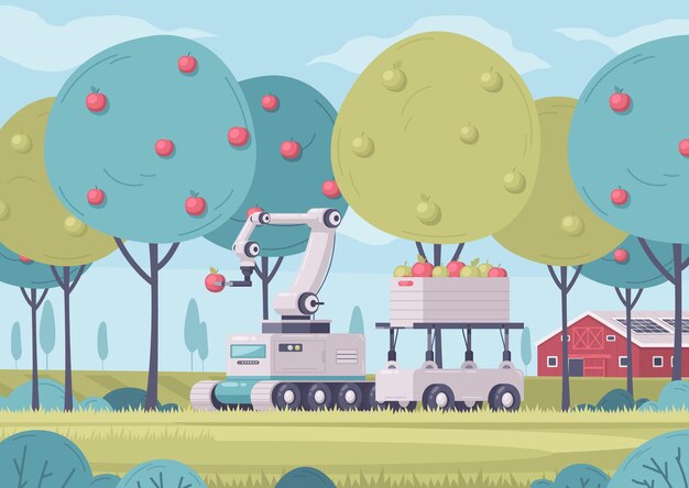Composición de dibujos animados de agricultura inteligente con paisajes de jardín al aire libre con edificios agrícolas y carros robóticos