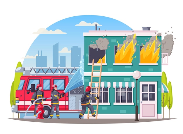 Composición de dibujos animados de bomberos con ilustración de fuego al aire libre