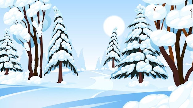 Vector gratuito composición de dibujos animados de bosque de invierno soleado con árboles naturales cubiertos de escarcha e ilustración de vector de nieve