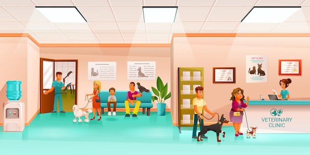 Composición de dibujos animados de clínica veterinaria con vista de la sala de recepción con personajes humanos y mascotas ilustración