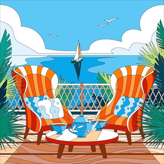 Vector gratuito composición de dibujos animados para colorear con dos sillones en el balcón con vista al mar o al océano ilustración vectorial