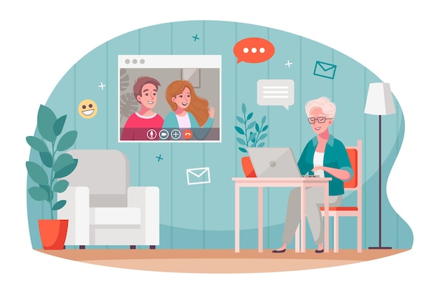 Composición de dibujos animados de comunicación de video de personas mayores con anciana charlando con niños usando laptop