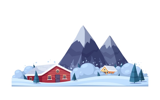 Vector gratuito composición de dibujos animados de desastres naturales con casas de paisaje nevado y montañas con ilustración de vector de avalancha