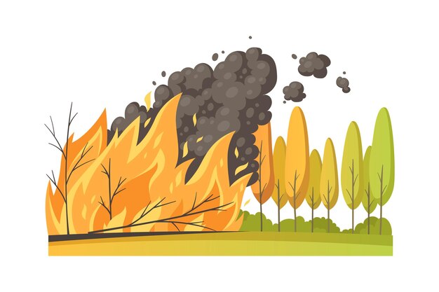 Composición de dibujos animados de desastres naturales con paisajes al aire libre y vista de árboles forestales bajo la ilustración de vector de fuego