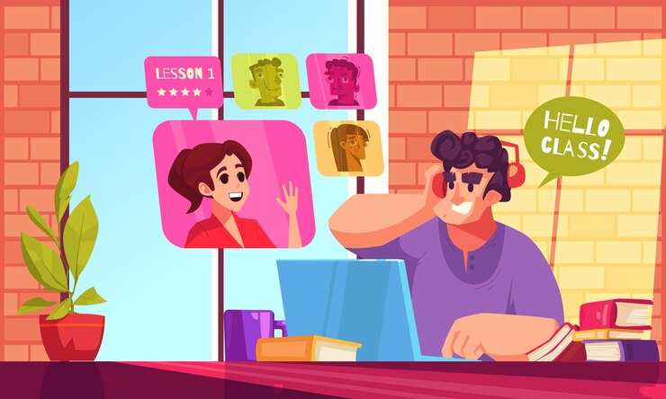 Vector gratuito composición de dibujos animados de educación en línea con hombre viendo ilustración vectorial de webinar