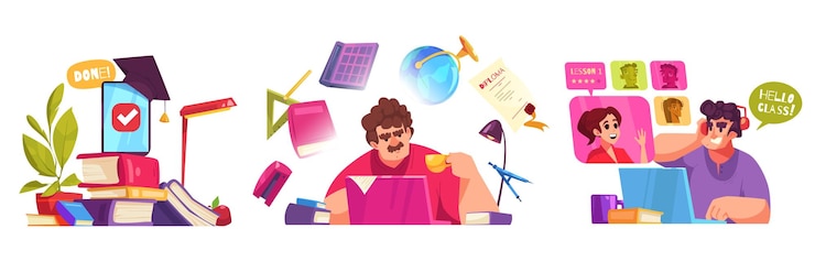 Vector gratuito composición de dibujos animados de educación en línea con símbolos de aprendizaje electrónico ilustración vectorial aislada