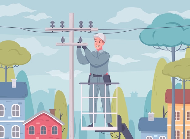 Composición de dibujos animados de electricista con paisaje al aire libre y hombre en uniforme trabajando con líneas eléctricas