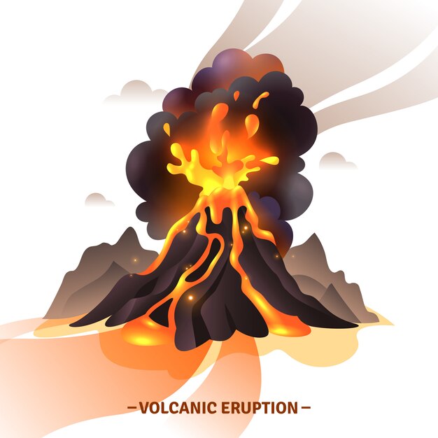 Composición de dibujos animados de erupción volcánica con saludo de cenizas de magma y humo volando de la ilustración del volcán