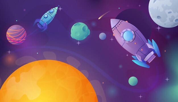 Composición de dibujos animados espaciales con paisajes del espacio exterior y planetas con cometas de estrellas brillantes y cohetes voladores ilustración vectorial