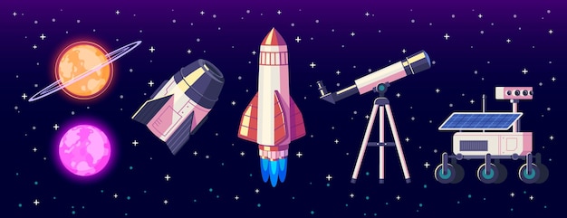 Vector gratuito composición de dibujos animados de exploración espacial con planetas y equipos para explorar y observar la ilustración del vector del universo