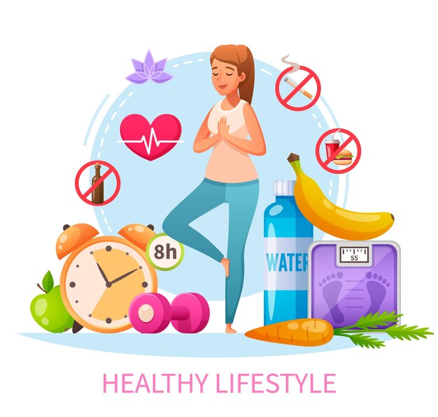 Composición de dibujos animados de hábitos de estilo de vida saludable con mujeres no fumadoras que practican la dieta de sueño de 8 horas de yoga para aliviar el estrés