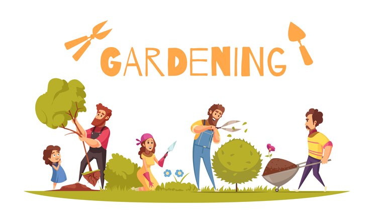 Vector gratuito composición de dibujos animados de horticultura adultos y niños durante diversas actividades agrícolas sobre fondo blanco.