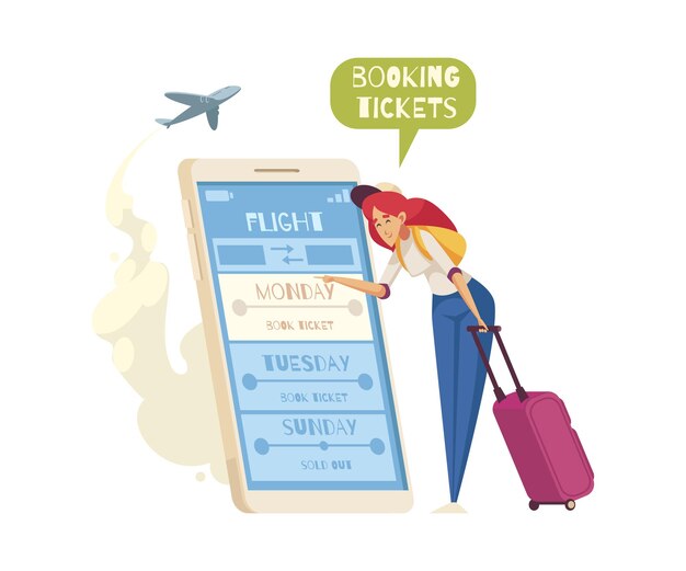 Composición de dibujos animados con mujer reservando boletos de avión en la ilustración de teléfono inteligente