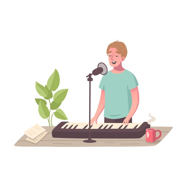 Composición de dibujos animados de pasatiempos con personaje masculino tocando teclas cantando en el micrófono