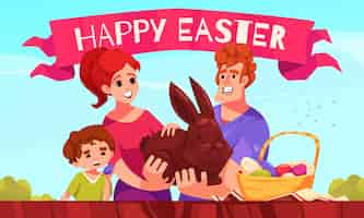 Vector gratuito composición de dibujos animados de pascua con familia feliz sosteniendo liebre de chocolate y canasta de huevos ilustración vectorial
