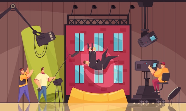 Composición de dibujos animados de proceso de filmación de películas de movimiento de cine con ejecutante de acrobacias cayendo desde el techo del edificio