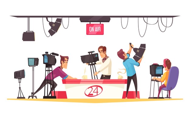 Composición de dibujos animados de redes sociales con periodista frente a monitor y camarógrafos con ilustración plana de cámara de video