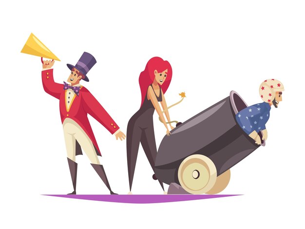 Composición de dibujos animados de rendimiento de circo con hombre sentado en el cañón