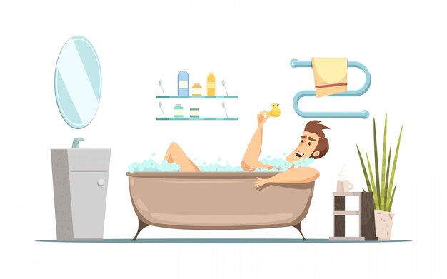 Composición de dibujos animados retro en tema de higiene con hombre tomando baño en el baño