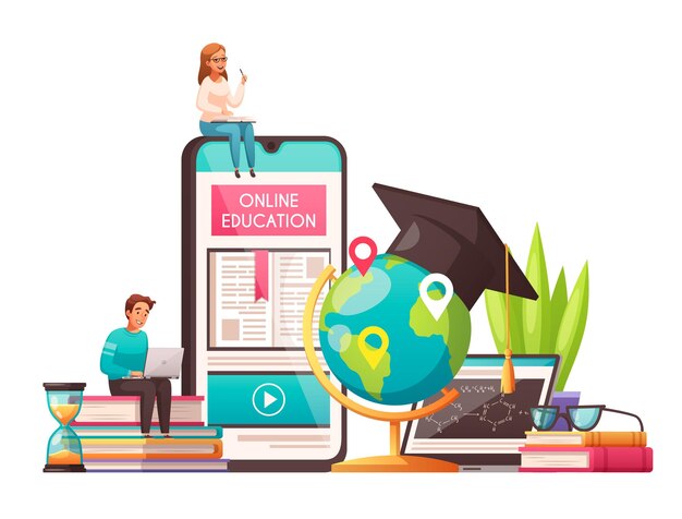 Composición de dibujos animados en todo el mundo de educación en línea con estudiantes de gorra de graduación sentados en libros de teléfonos inteligentes pila de reloj de arena