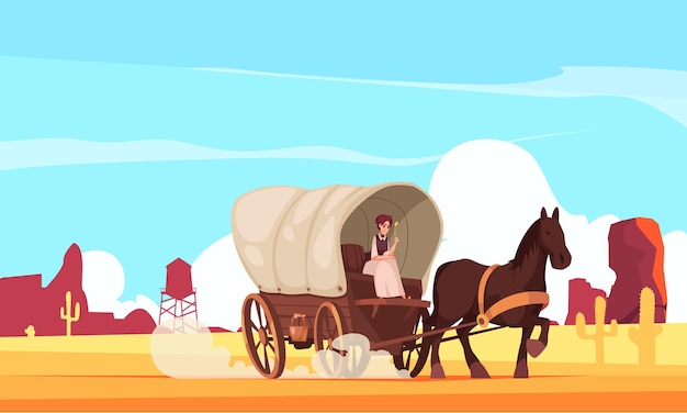 Composición de dibujos animados de vehículos antiguos tirados por caballos con una chica sentada en un vagón cubierto en la ilustración de vector de fondo de la naturaleza del sur