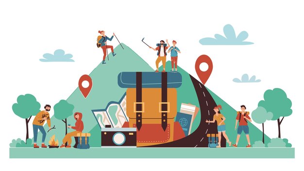 Composición de dibujos animados de viaje de campamento autoguiado con símbolos de ubicación de mapa en línea turistas senderismo