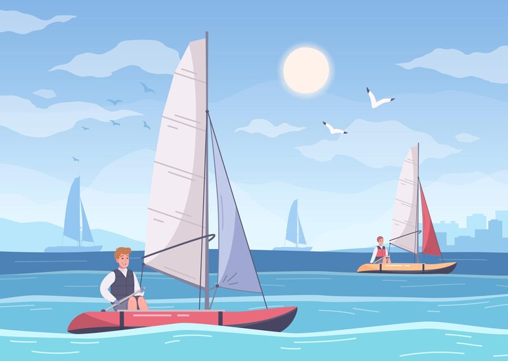 Composición de dibujos animados de yates con paisajes marinos de verano y personajes humanos de marineros