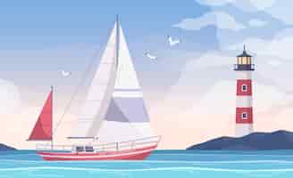 Vector gratuito composición de dibujos animados de yates con vista a la bahía de agua y pequeño yate de vela con faro en la ilustración de la orilla