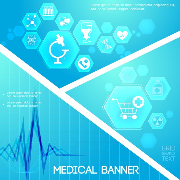 Composición digital azul de atención médica con iconos de ritmo cardíaco y medicina en hexágonos